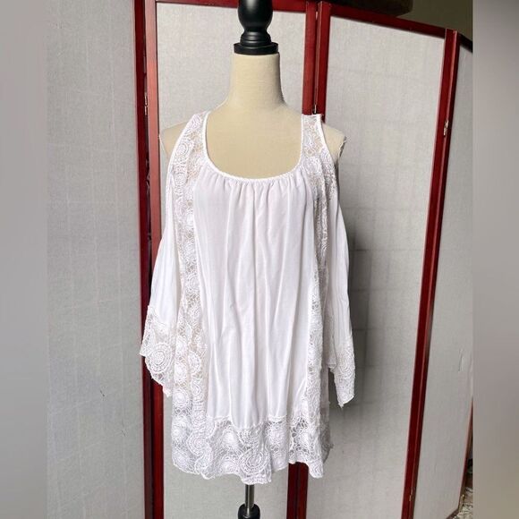 Solitaire Swim White Swimsuit Cover-Up w/Sheer Lace & Bell Sleeves (LG) - Picture 4 of 15